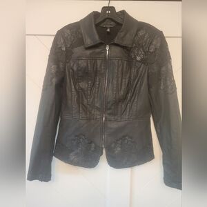 White House Black Market Faux Leather Corset Peplum Jacket (Black, Size 8)